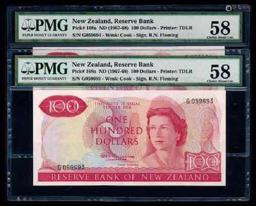 New Zealand 2x$100 QEII 1967-68 PMG