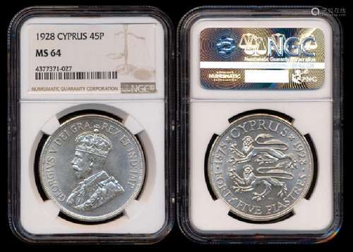 Cyprus KGV 45 Piastres 1928 NGC MS64