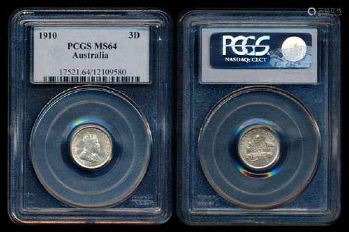 Australia KEVII 3 Pence 1910 PCGS MS64