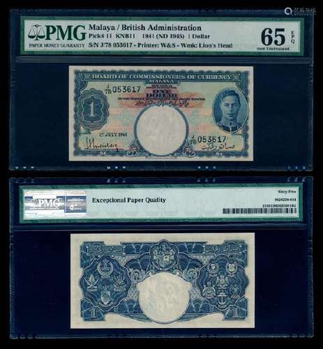 Malaya $1 1941 KGVI PMG Gem UNC65EPQ