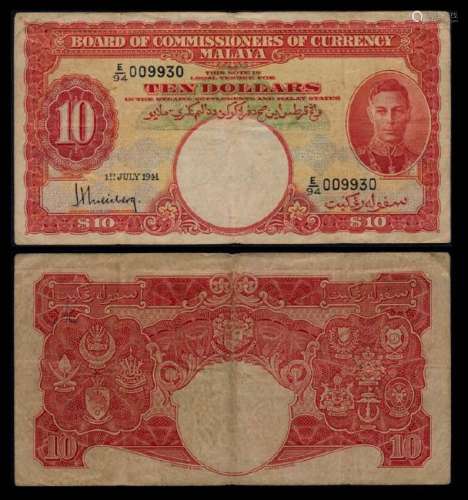 Malaya $10 1941 KGVI VF