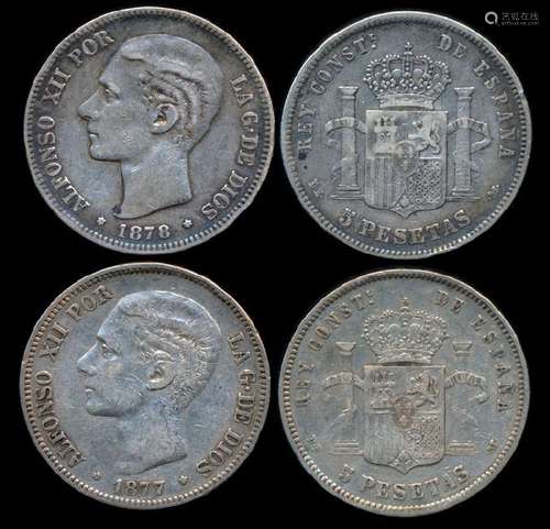 Spain 2x5 Pesetas 1877-78