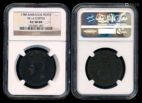 Barbados Penny 1788 copper NGC AU50BN