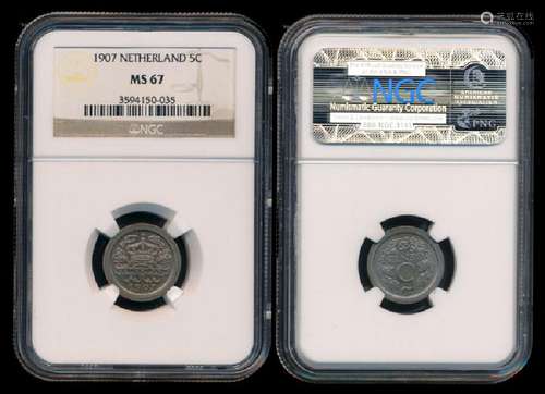 Netherlands Wilhelmina I 5c 1907 NGC MS67