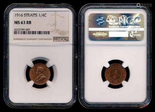 Straits Settlements KGV 1/4c 1916 NGC MS63RB