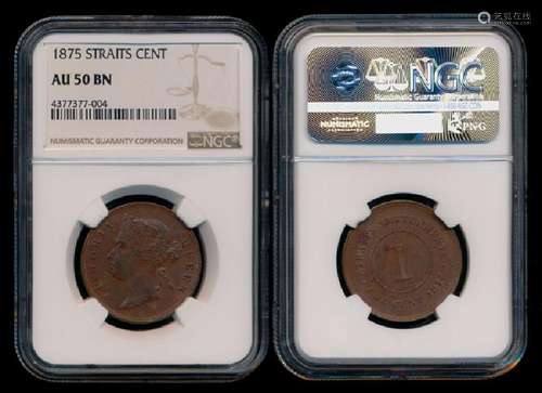 Straits Settlements QV 1c 1875 NGC AU50BN