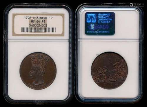 Barbados Penny 1792 C-3 NGC MS64RB