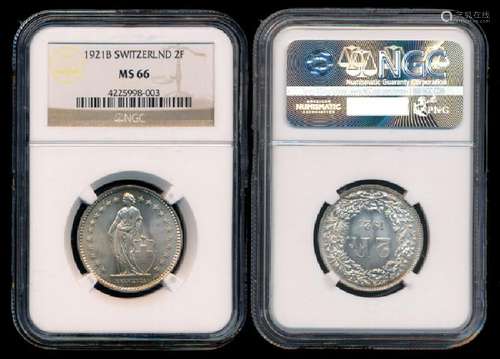 Switzerland 2 Francs 1921B NGC MS66