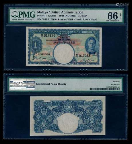 Malaya $1 1941 KGVI PMG Gem UNC66EPQ