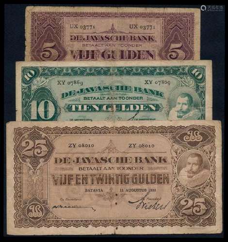 3 Netherlands Indies 5-25 Gulden 1930-31