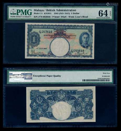 Malaya $1 1941 KGVI PMG Choice UNC64EPQ