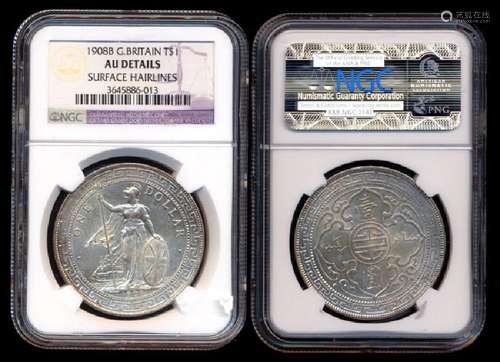 British Trade Dollars 1908B NGC AU Details