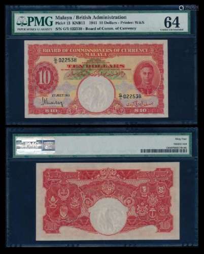 Malaya $10 1941 KGVI PMG Choice UNC64
