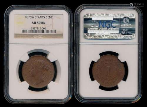 Straits Settlements QV 1c 1875W NGC AU50BN