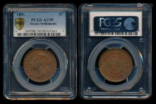 Straits Settlements QV 1c 1891 PCGS AU50