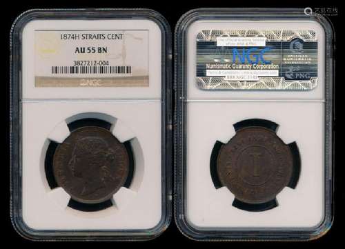 Straits Settlements QV 1c 1874H NGC AU55BN