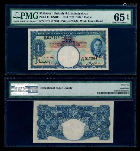 Malaya $1 1941 KGVI PMG Gem UNC65EPQ