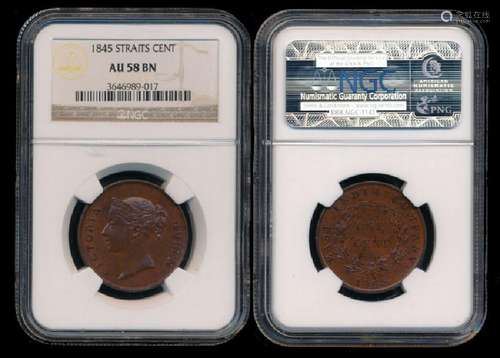 Straits Settlements EIC 1c 1845 NGC AU58BN