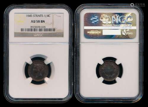 Straits Settlements EIC 1/4c 1845 NGC AU58BN