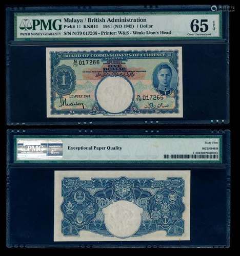 Malaya $1 1941 KGVI PMG Gem UNC65EPQ