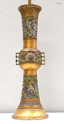 CHING CHINESE CHAMPLEVE GILT BRONZE TALL VASE LAMP