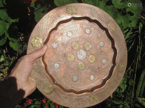 Antique Islamic heavy copper plate with gold and silver