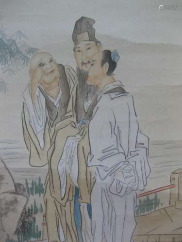 Chinese hanging scroll painting, attr. Qian Hui An, Three wise men talking
