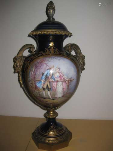 Sevres porcelain vase, with 2 bronze fauns, signed,19 c