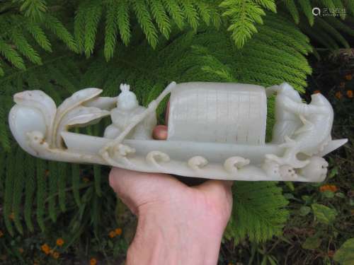 Certified Qing dynasty, Chinese white jade fish boat 29cm