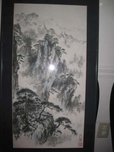 Framed Chinese watercolor painting, signed, 76 x 37 cm
