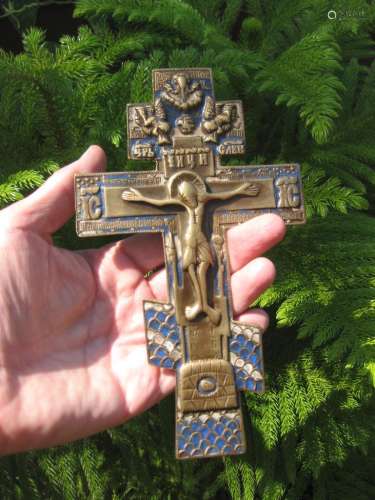 Genuine Russian bronze cross with blue enamel, 18th cen