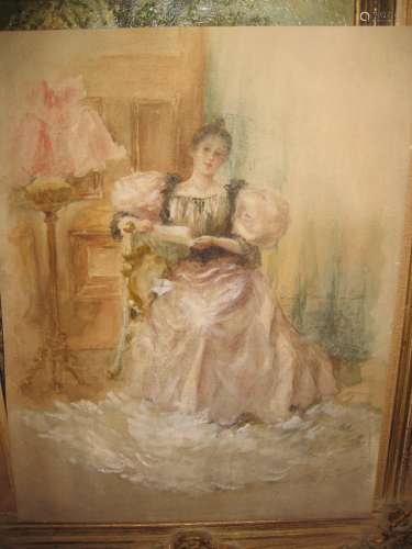 Graceful lady reading a letter, Watercolor, France, 19 c