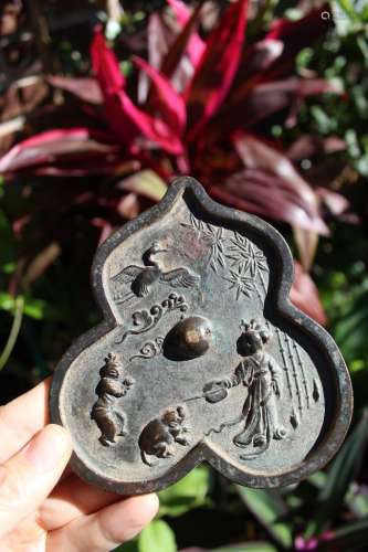 Chinese bronze mirror, 2 people, dog, crane, bamboo, Qing dynasty style