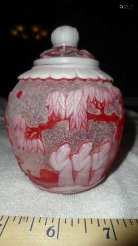 Chinese Peking Red White Winter Glass Vase and lid