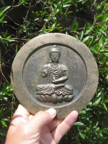 Chinese bronze mirror Buddha on lotus flower, Rare