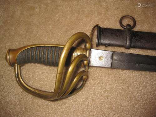 Antique British engraved sword, metal scabbard, 19c