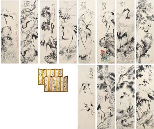 胡铁梅（1848～1899） 十二鹤鸣图屏风
