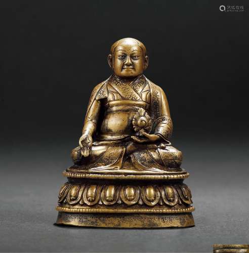 十五世纪•合金铜索南伦珠像（嵌银嵌红铜）