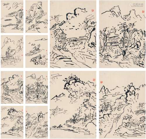 黄宾虹（1865～1955） 山水写生毛笔画稿八帧