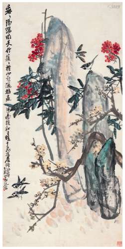 王 震（1867～1938） 腊梅飞禽图
