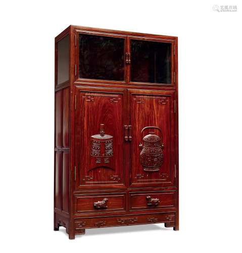 清•红木雕博古图玻璃柜