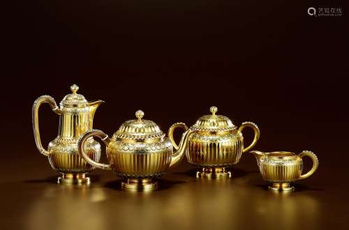 1860年制 纯银鎏金高浮雕咖啡茶具四件套