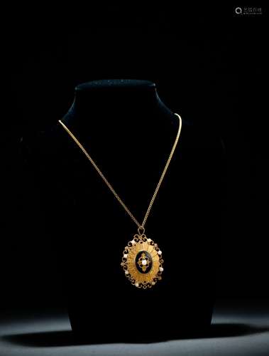 1880年制 黑玛瑙及天然珍珠项链