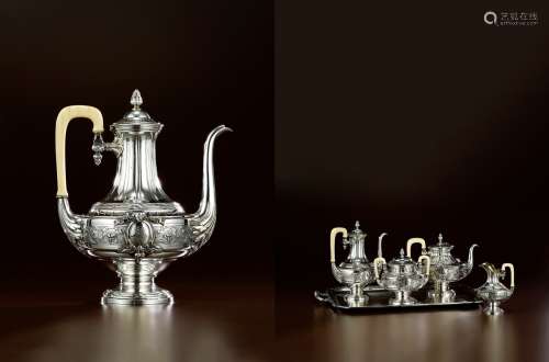 1895年制 纯银咖啡茶具四件套配铜镀银大托盘