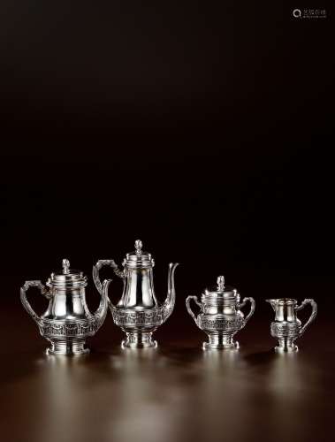 1910年制 纯银高浮雕雕花咖啡茶具四件套