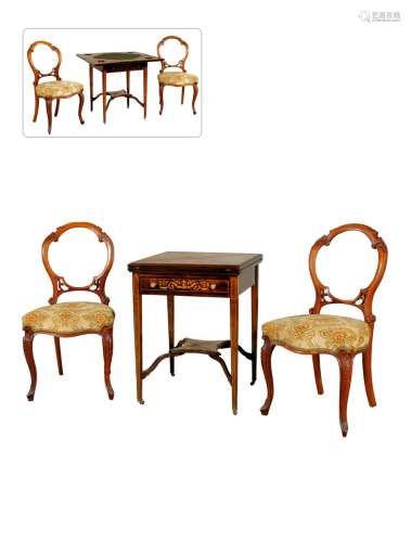 1900年制 细木牌桌配二椅