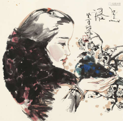 林墉（b.1942） 癸酉（1993年）作 鸟语 镜片 设色纸本
