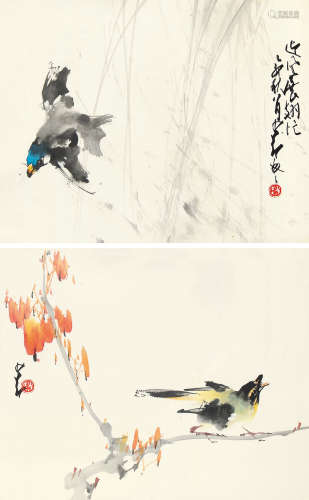 赵少昂（1905～1998） 乙卯（1975年）作 花鸟 （两帧） 立轴 设色纸本