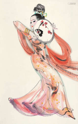林墉（b.1942） 癸亥（1983年）作 扇子舞 立轴 设色纸本