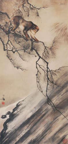 黄幻吾（1906～1985） 松猴图 镜片 设色纸本